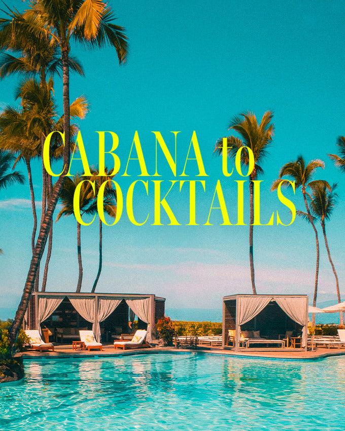 Pool area with cabanas and palm trees under a clear blue sky, featuring the text 'Cabana to Cocktails'.
