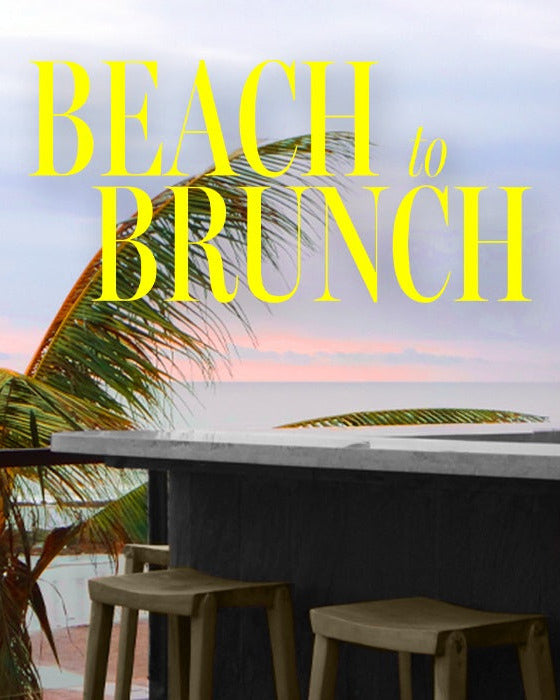 Beachside brunch setting with palm trees and 'Beach Brunch' text.