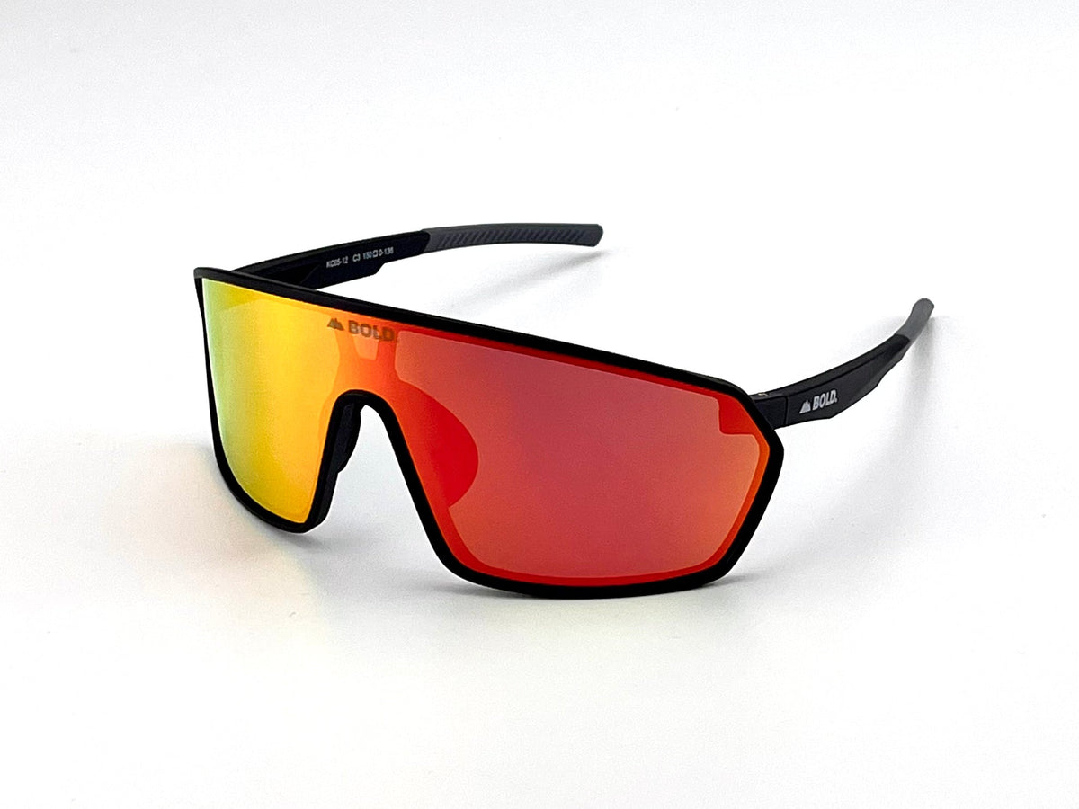 BOLD NSP low-profile sunglasses in red and black, view 1