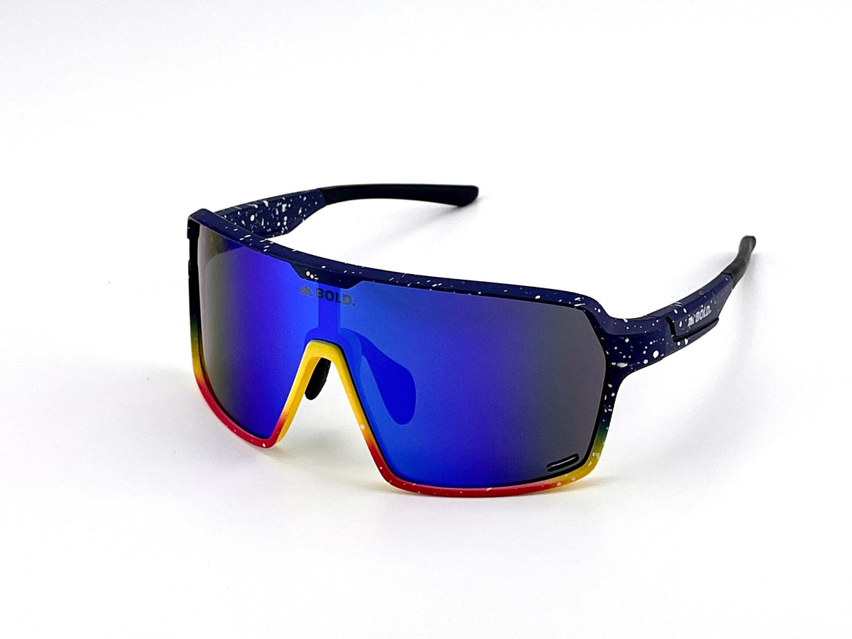BOLD Shadows wrap sunglasses in blue and yellow, view 1