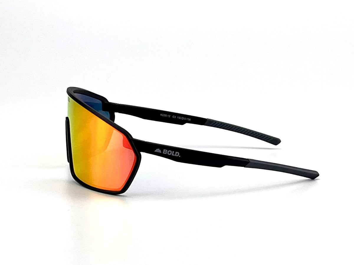 BOLD NSP low-profile sunglasses in red and black, view 3