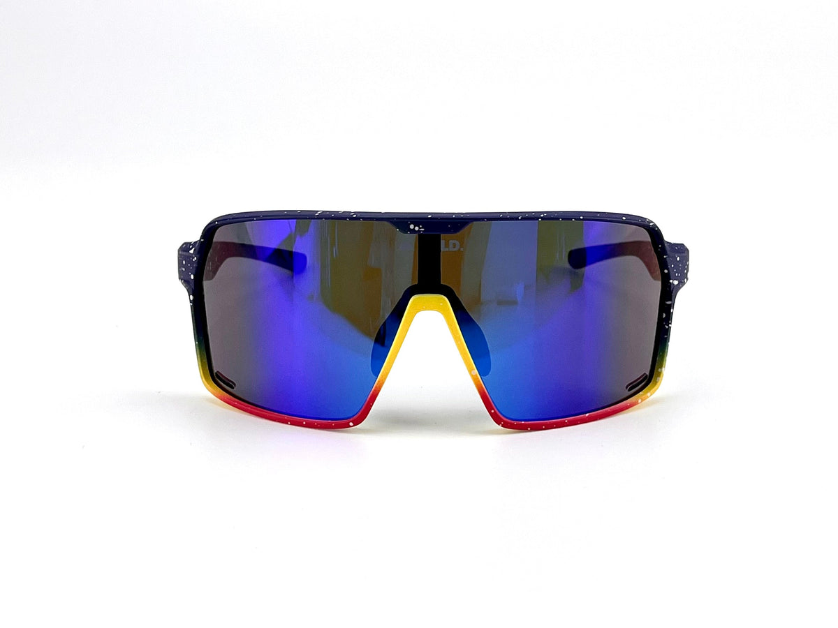BOLD Shadows wrap sunglasses in blue and yellow, view 2