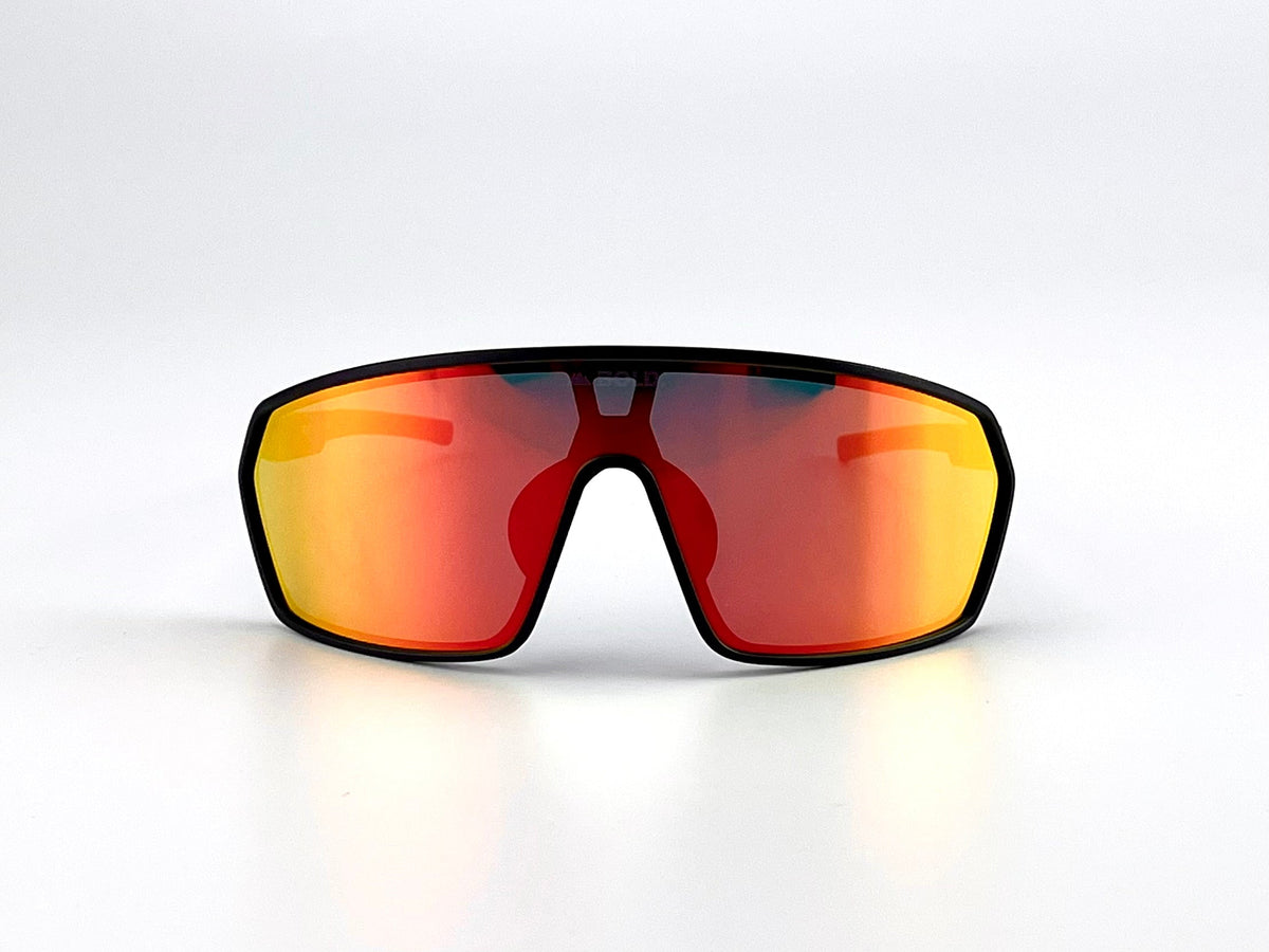 BOLD NSP low-profile sunglasses in red and black, view 2
