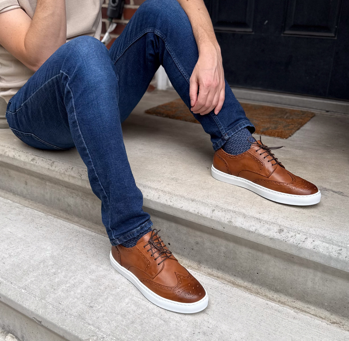 MOCALMO Men's Don Giovanni Wingtip Sneaker in Cognac White Sole, view 8