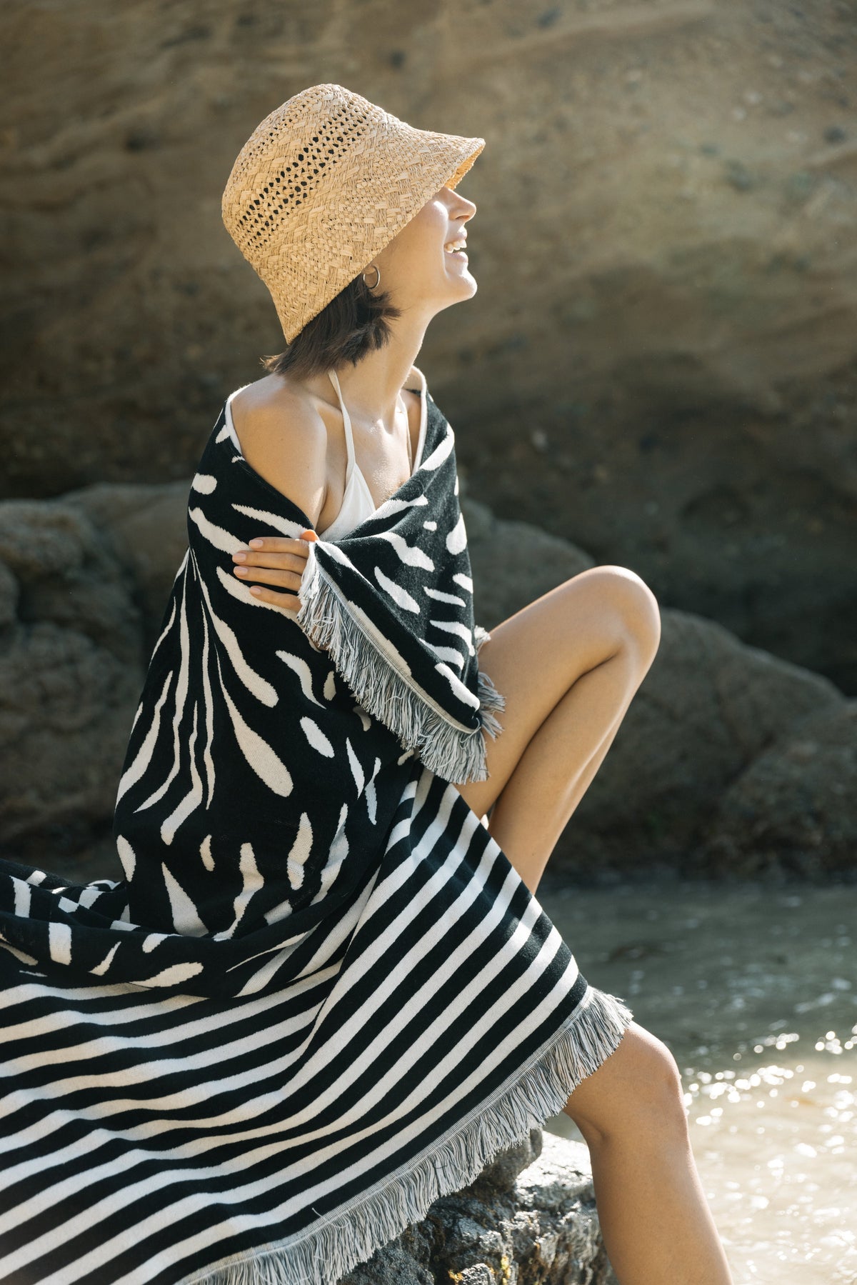 Ruby Mint Remington black and white floral stripe cotton beach towel, image 3 of 6