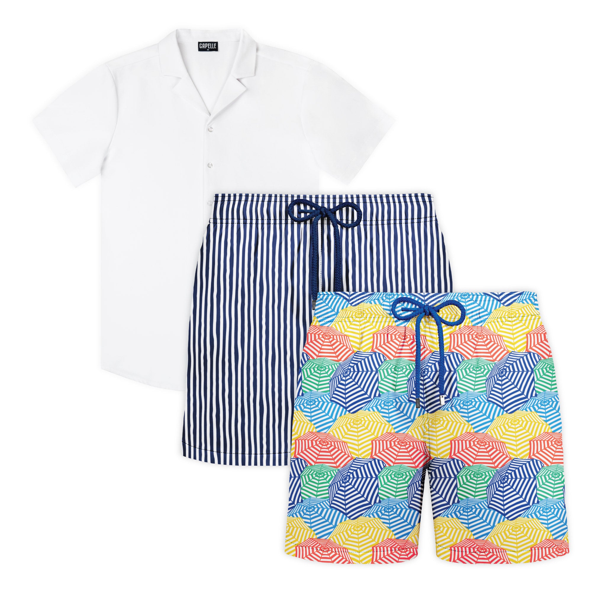Harbor Flow beach week set, Arctic White shirt with Sand Waves Harbor and Surf hybrid swim shorts