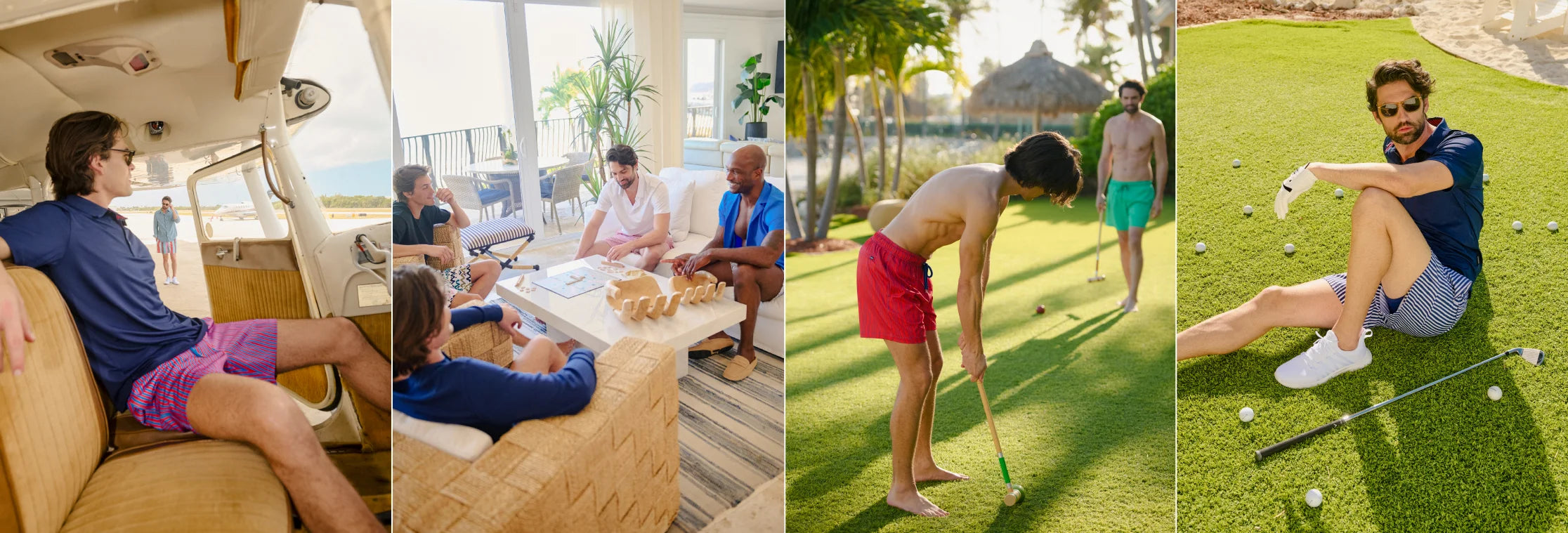 Five different scenes including a man on a boat, people at a pool party, a man playing golf, and a man sitting on grass with golf clubs.
