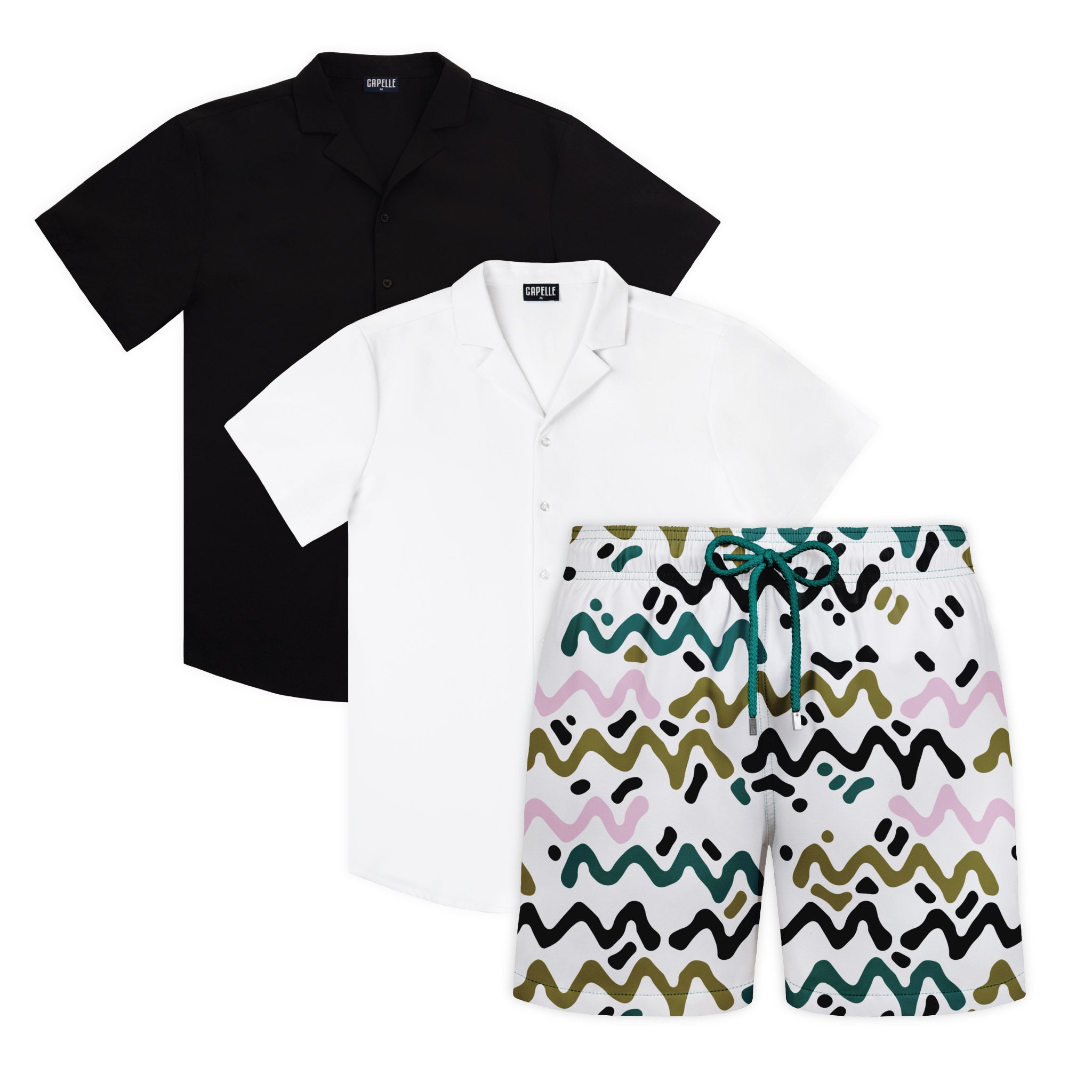 Tropical Shadow weekender set, Black Onyx shirt with tropical print hybrid swim shorts