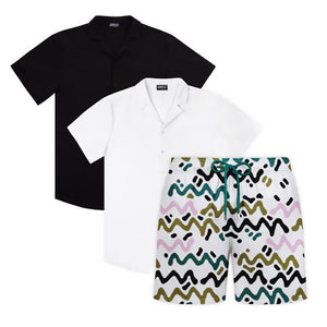 Tropical Shadow weekender set, Black Onyx shirt with tropical print hybrid swim shorts