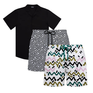 Midnight Tropic beach week set, Black Onyx shirt with tropical print hybrid swim shorts