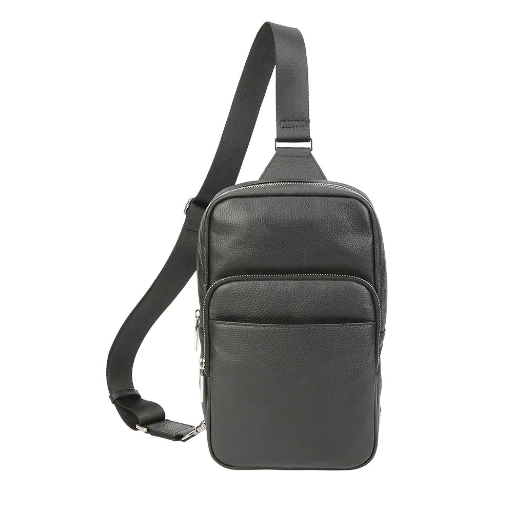 Gray leather sling bag on a white background