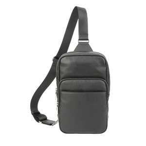 Gray leather sling bag on a white background