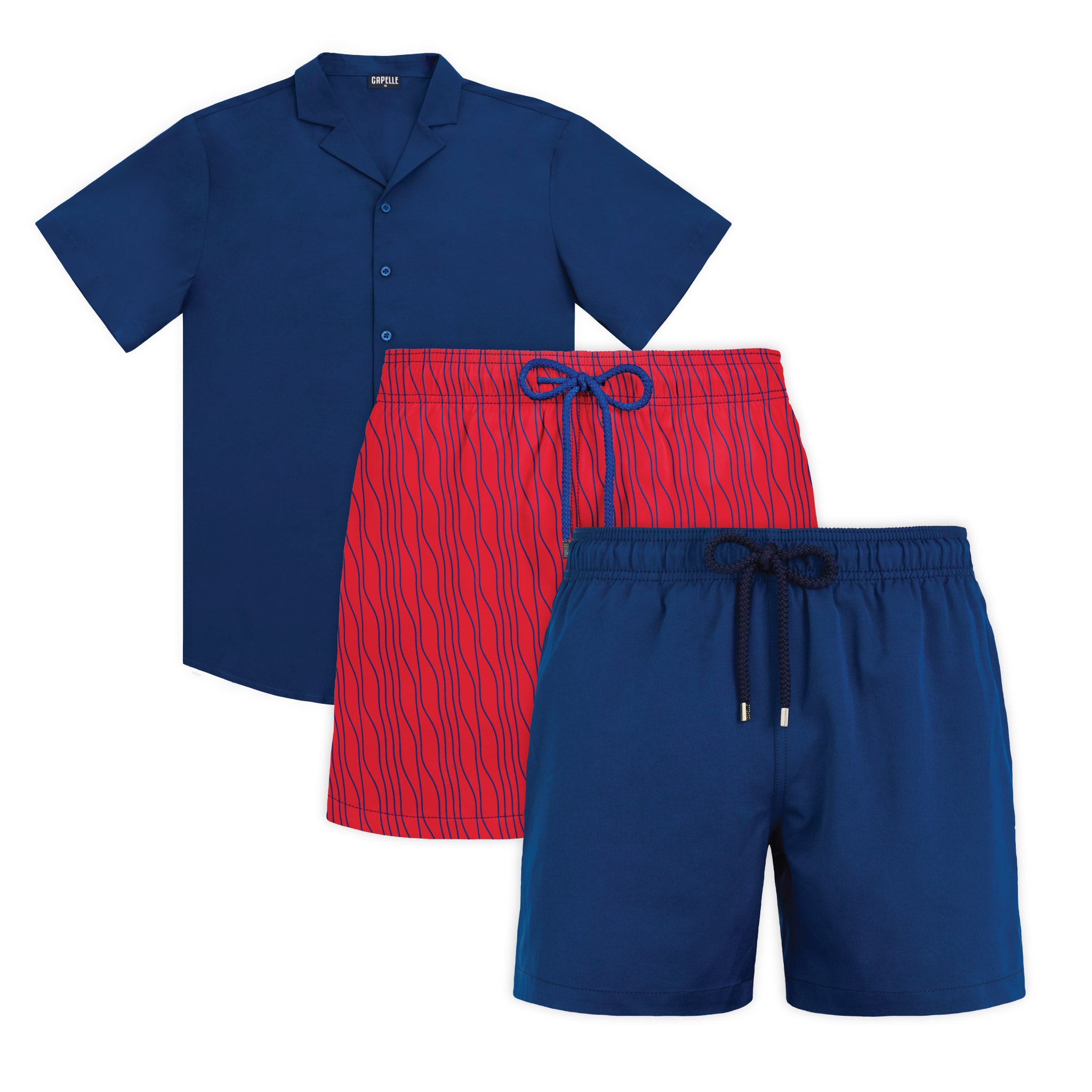 Deep Sol beach week set, resort shirt with Line Rush Ocean and Sol hybrid swim shorts