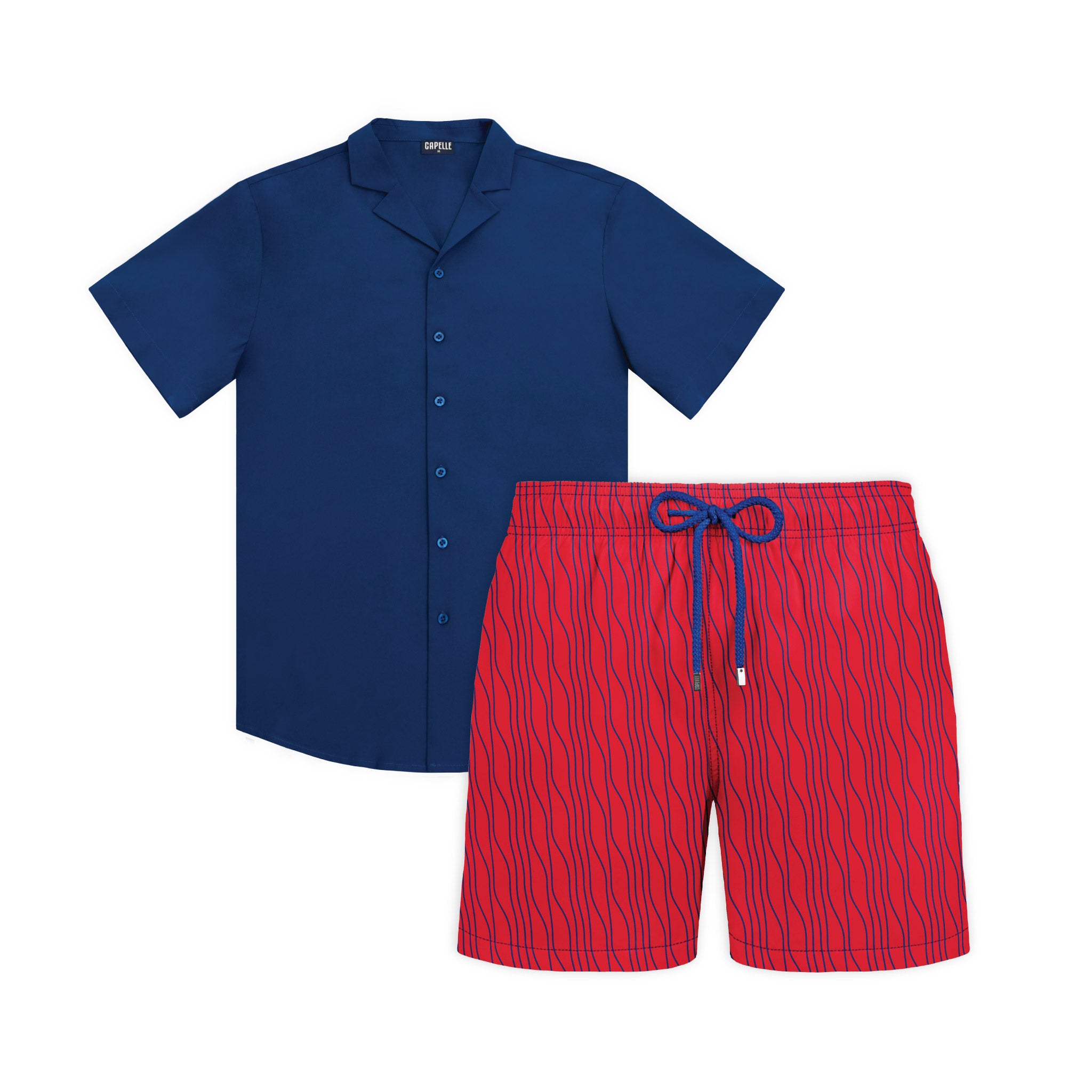 Harbor Blaze resort set, Blue Sapphire shirt with Linear Drift Blaze and Harbor hybrid swim shorts