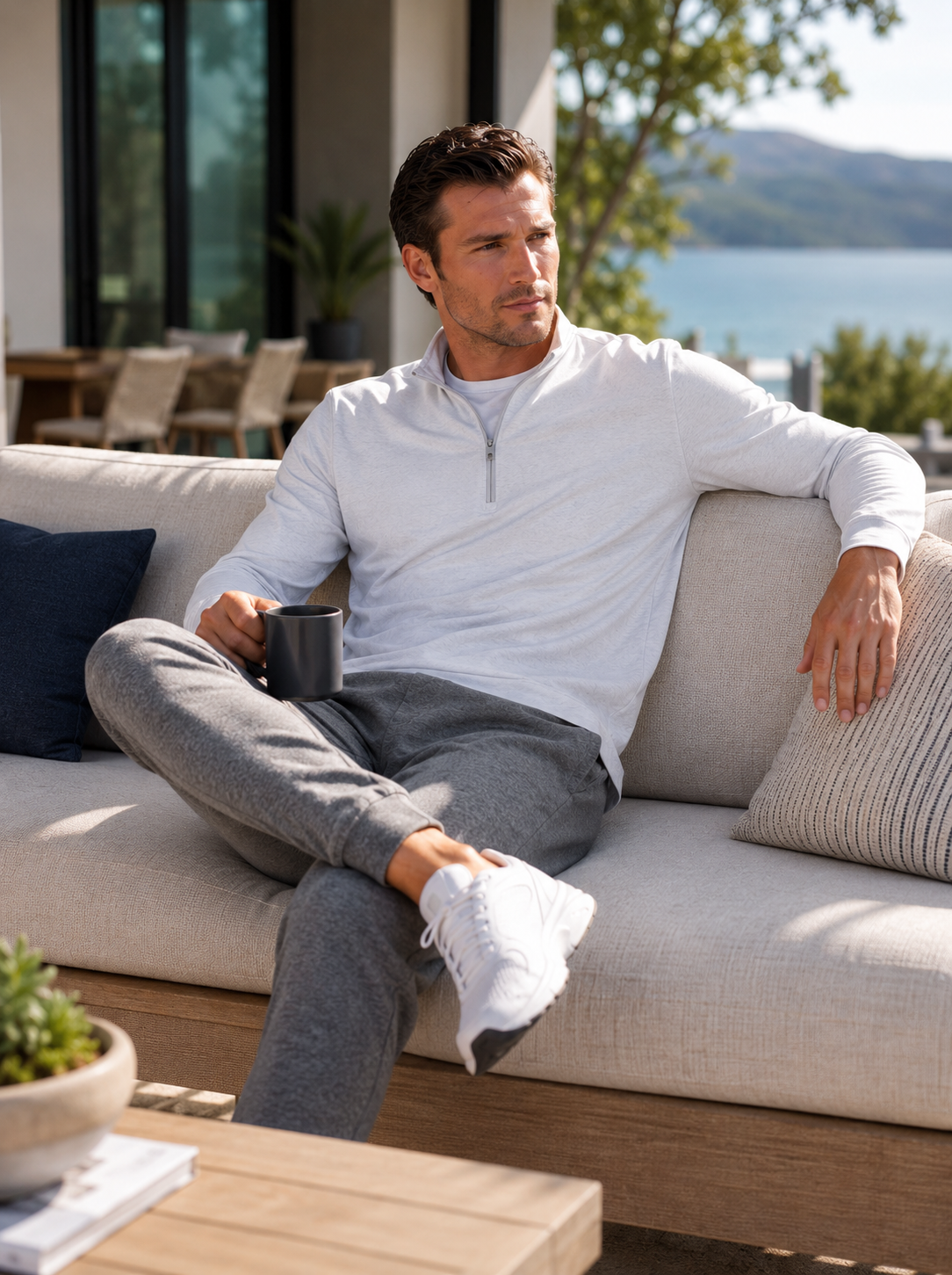 A man sits on a light beige outdoor sofa wearing a white long-sleeve quarter-zip pullover, gray jogger pants, and white sneakers, holding a black mug with a scenic lake view in the background.
