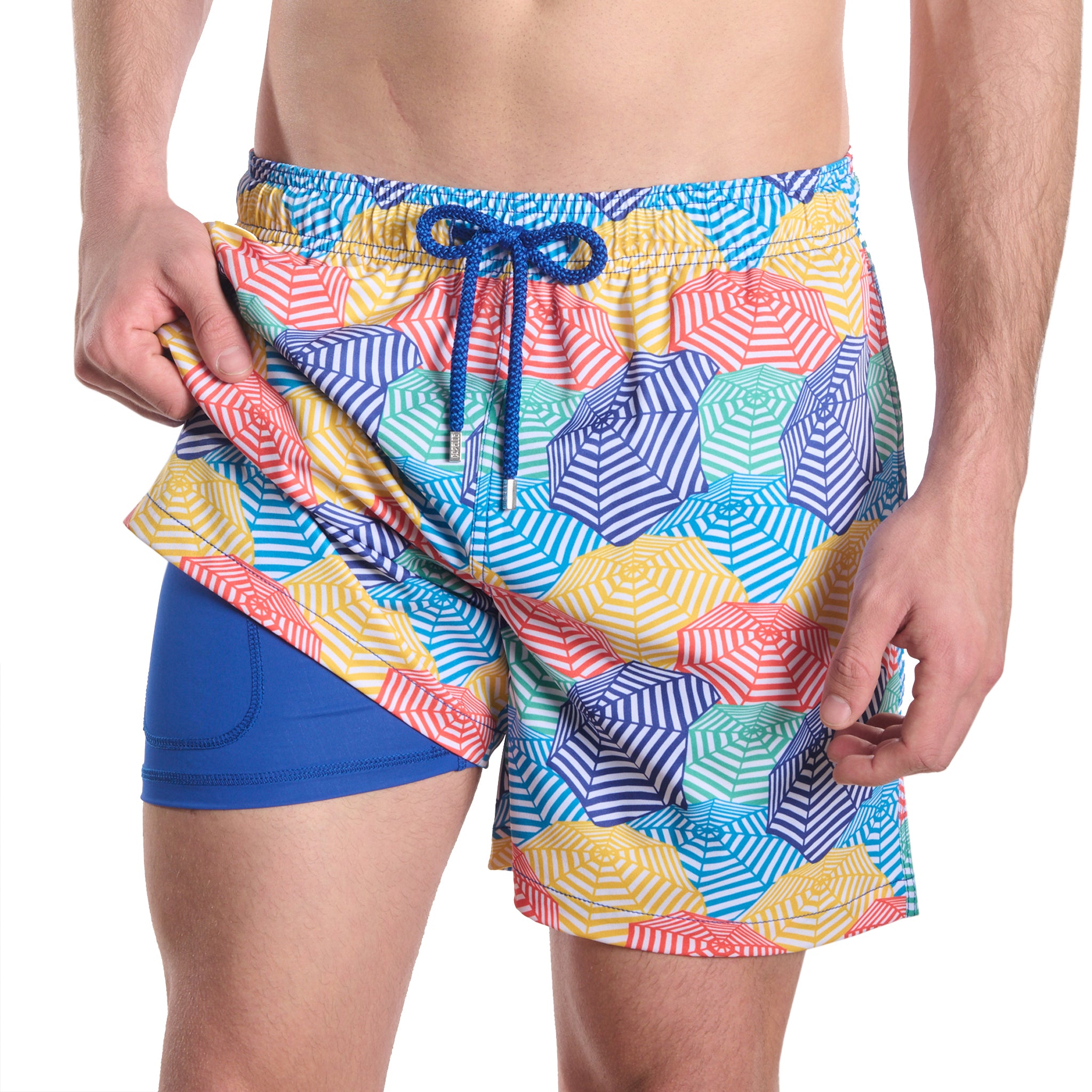 Bayside, Shade Splash men's hybrid swim short, front view showing the compression liner