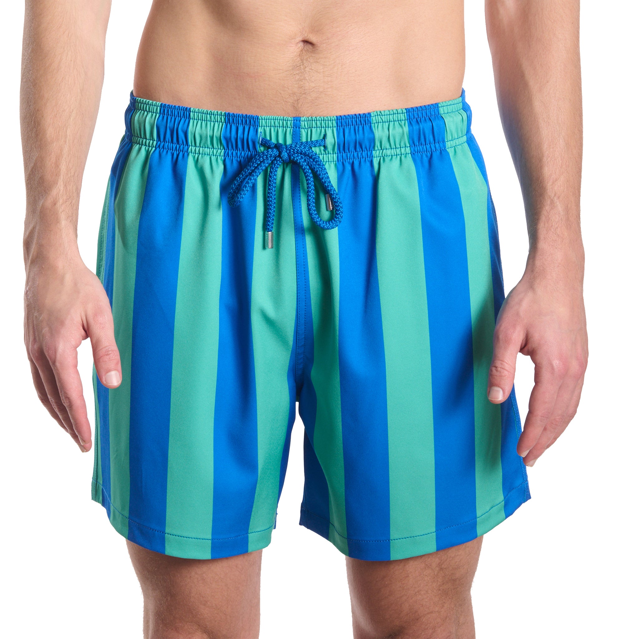 Coastal Cabana, Ocean and Palm men's hybrid swim short in a blue and green cabana stripe, front view, second angle