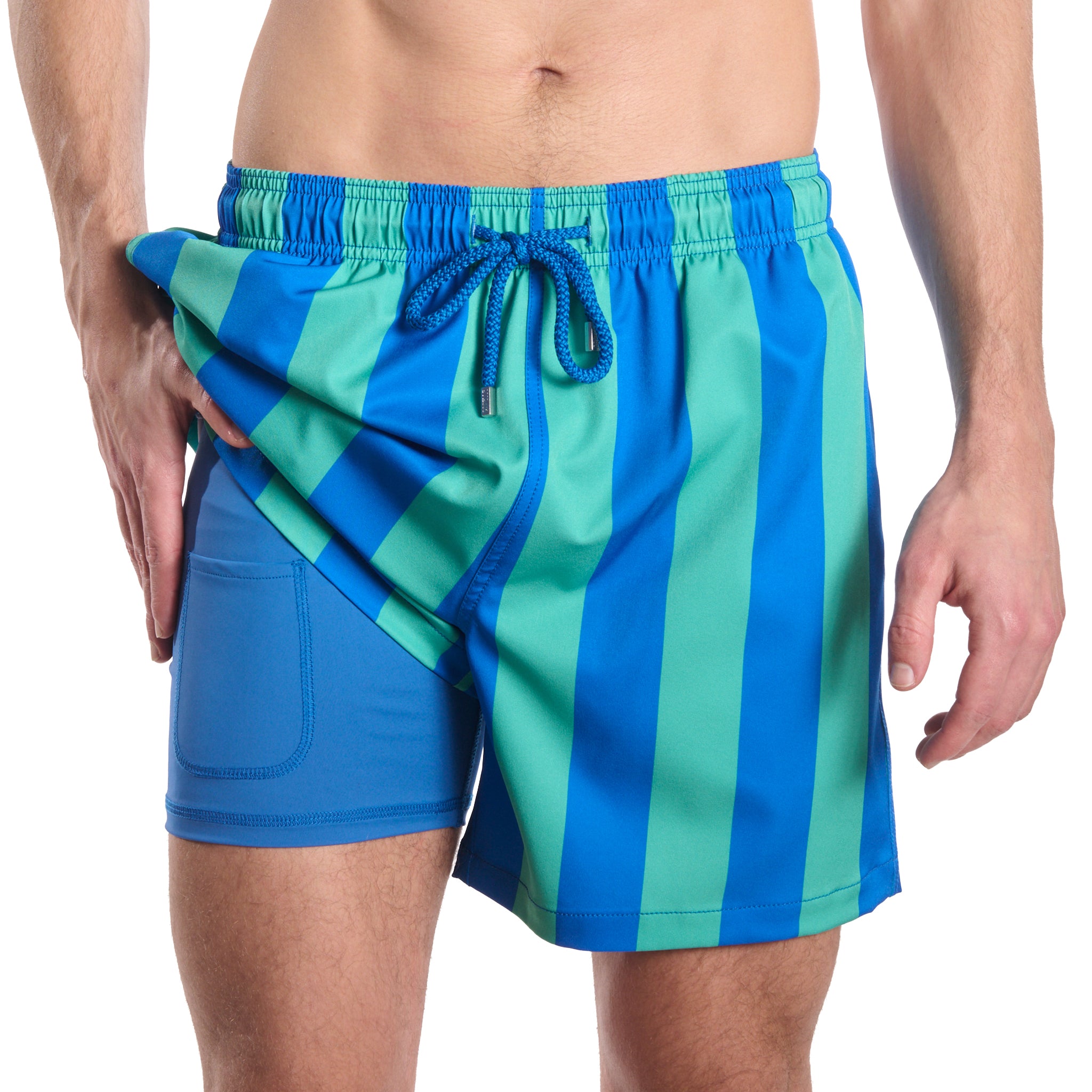 Coastal Cabana, Ocean and Palm men's hybrid swim short in a blue and green cabana stripe, front view