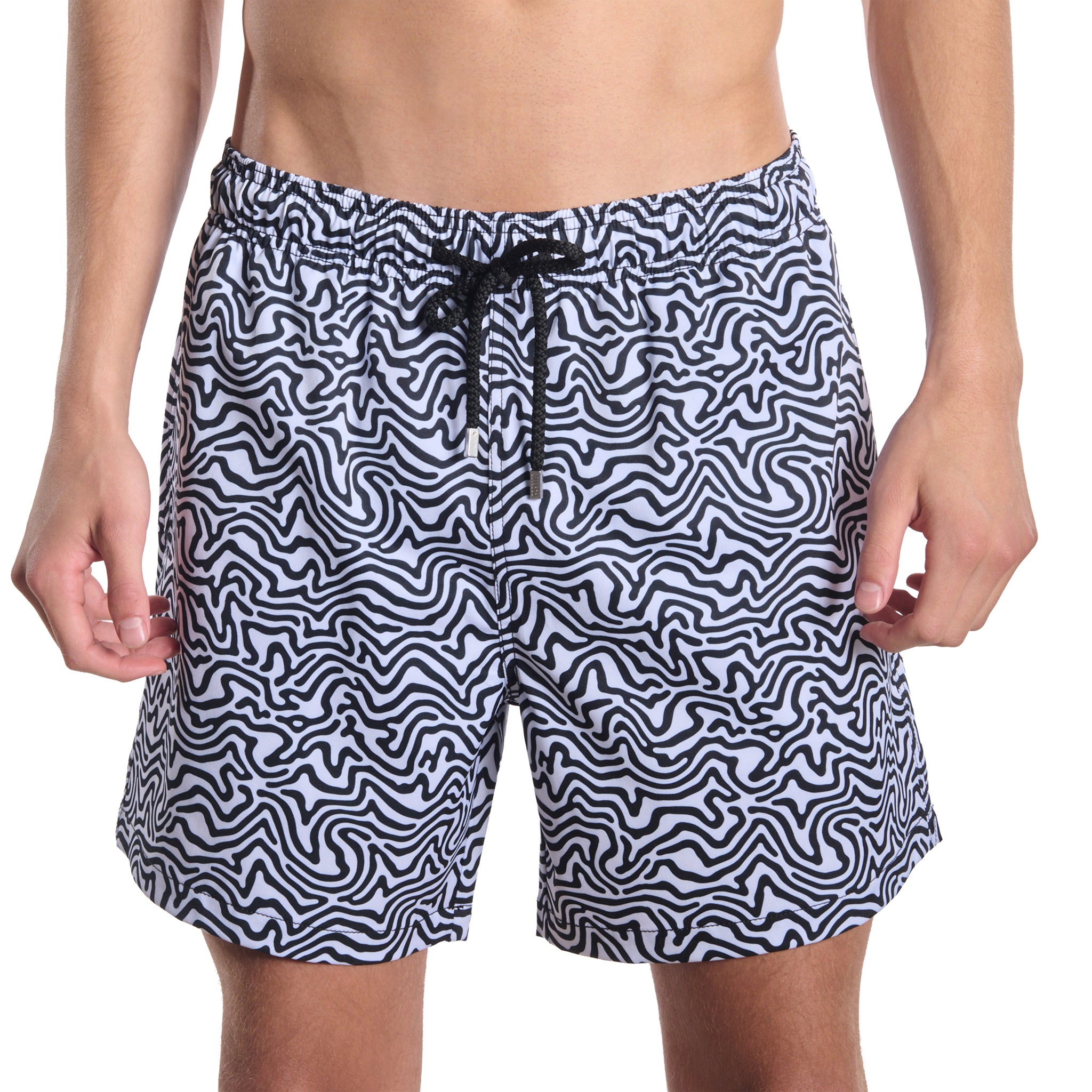 Deco Maze, Surf and Storm men's hybrid swim short in a black and white swirled maze print, front view