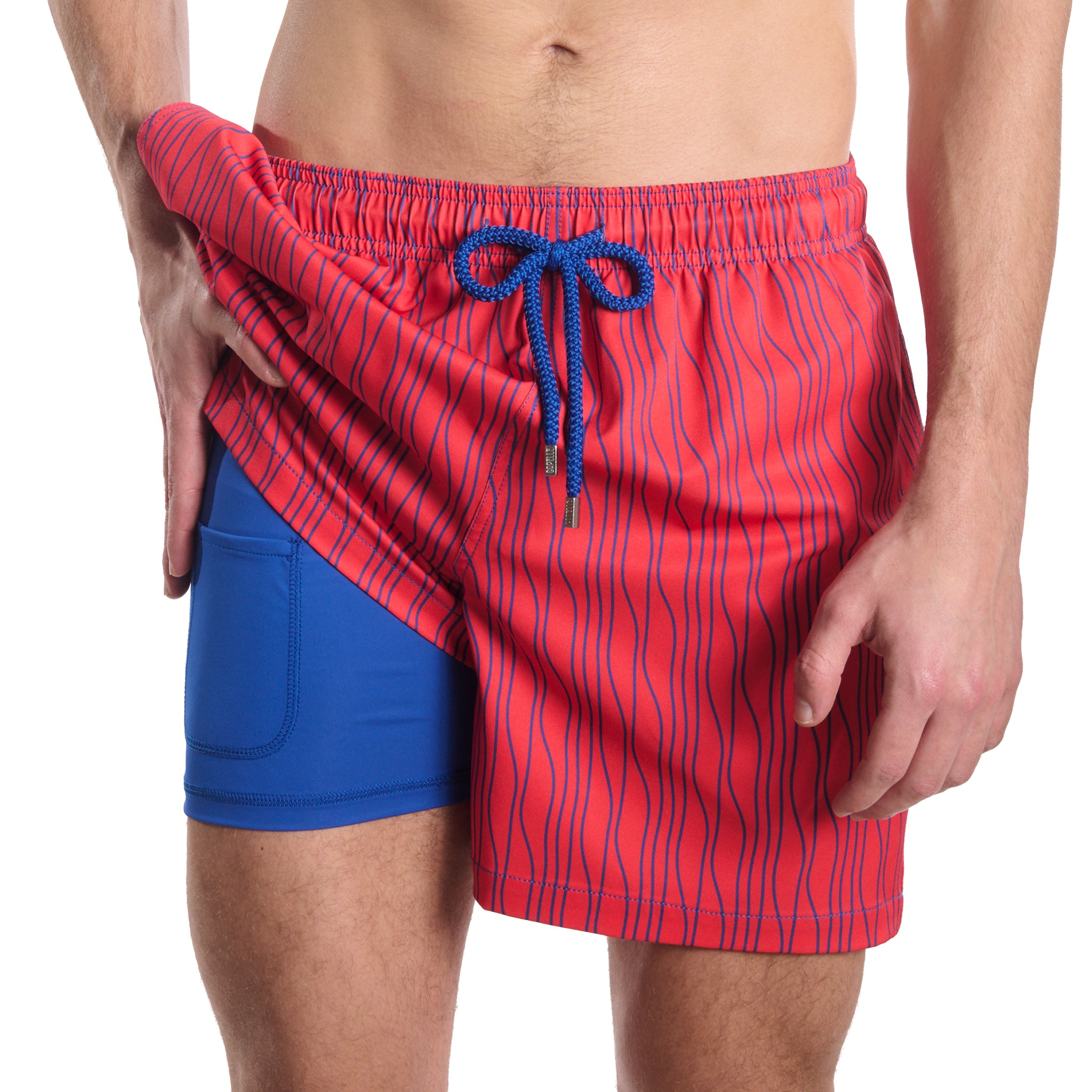 Linear Drift, Blaze and Harbor men's hybrid swim short in a blue and orange wave stripe, front view