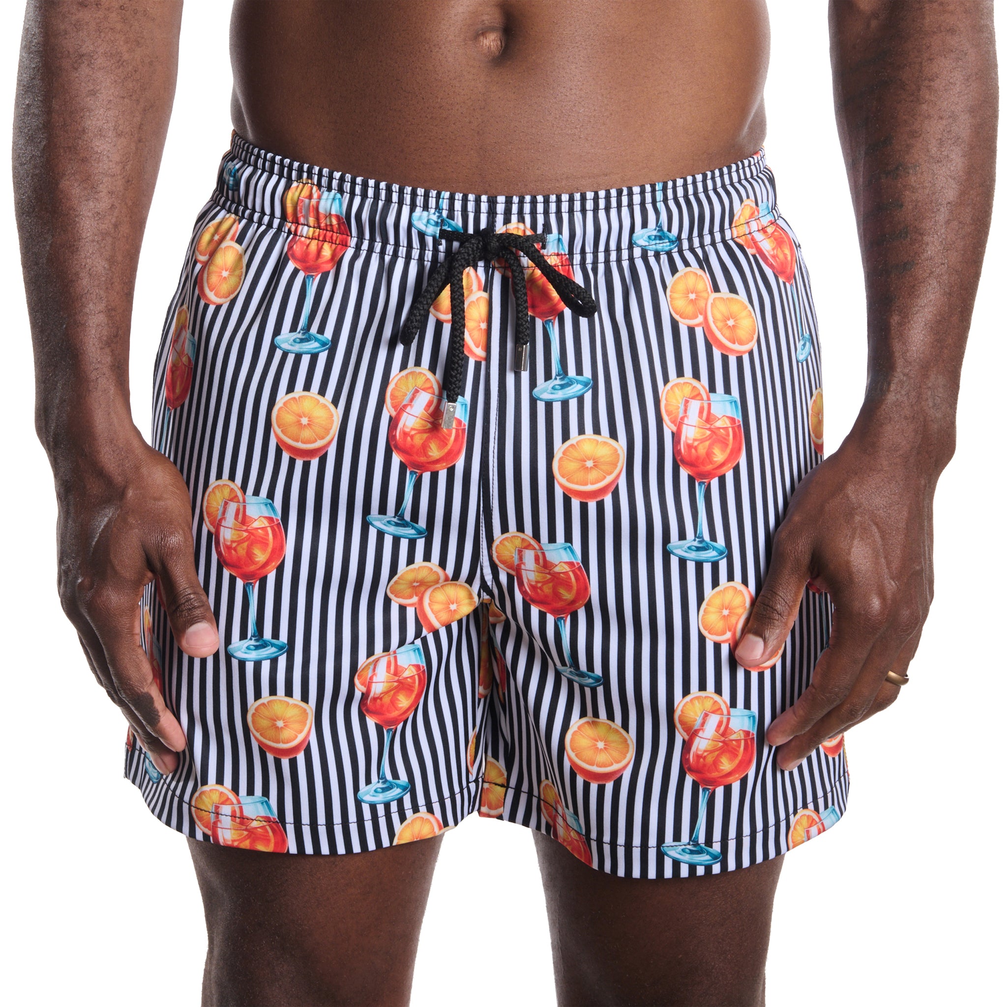 Sunset Spritz, Surf and Storm men's hybrid swim short in a black and white stripe with a cocktail print, front view