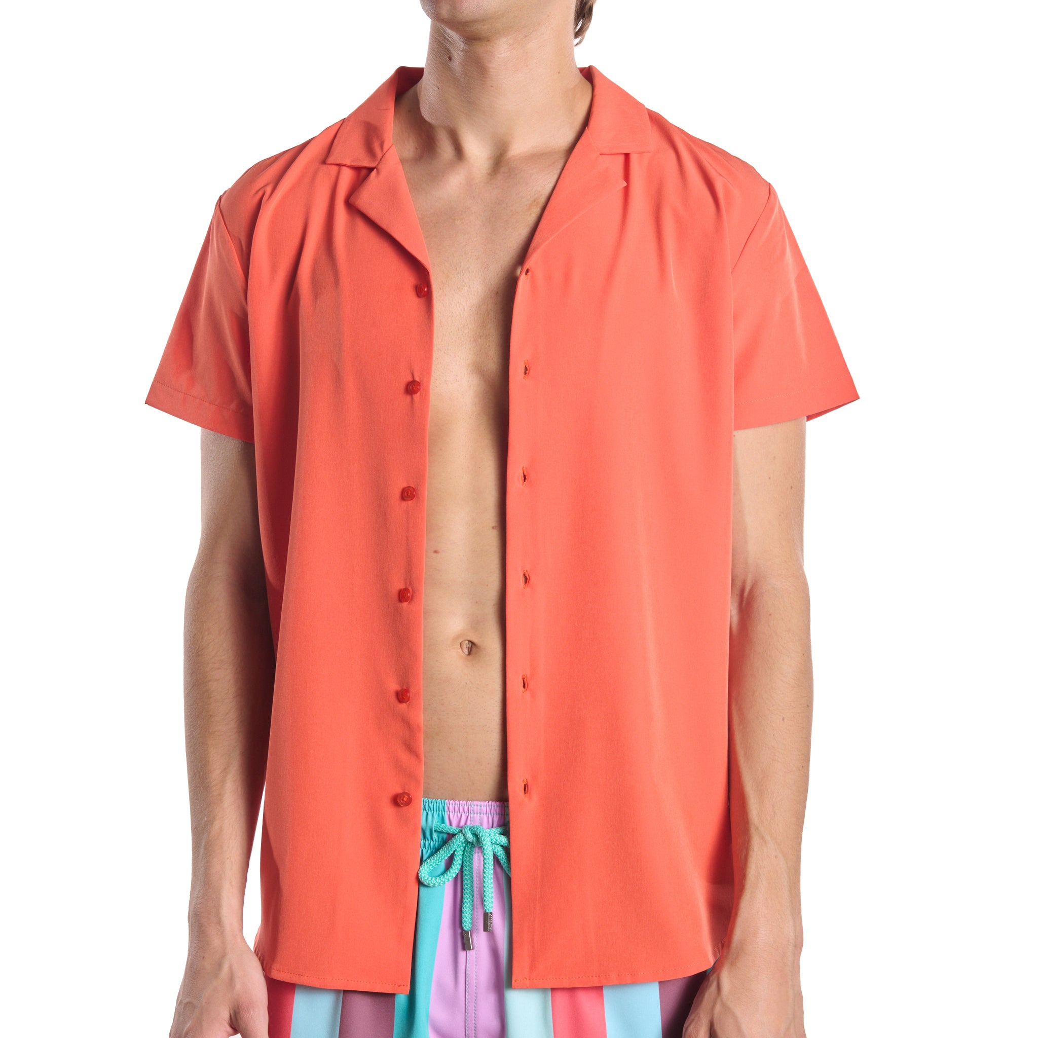 Coral men's resort shirt in coral orange, front view