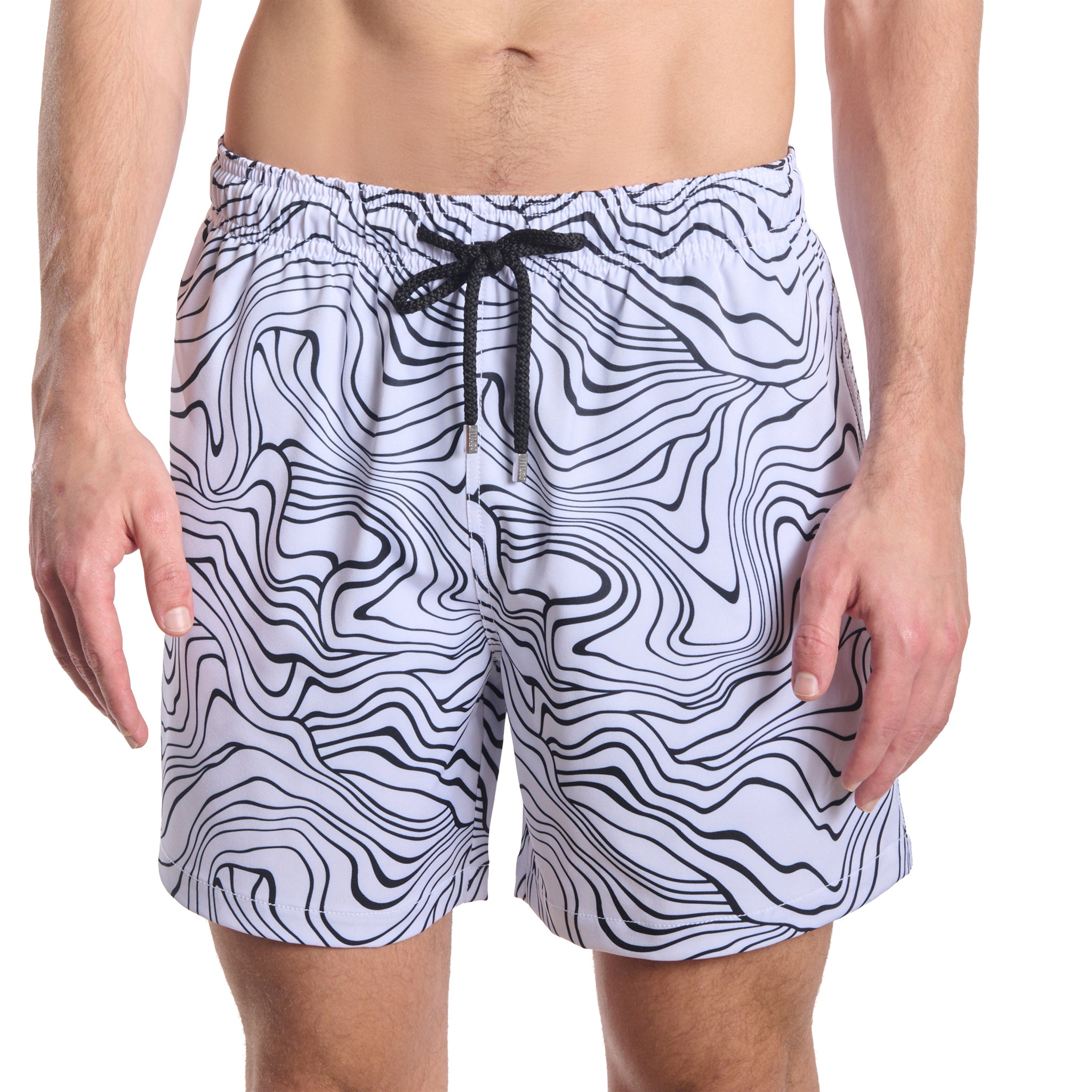 Sand Waves, Surf and Storm men's hybrid swim short in a black and white wave line print, front view
