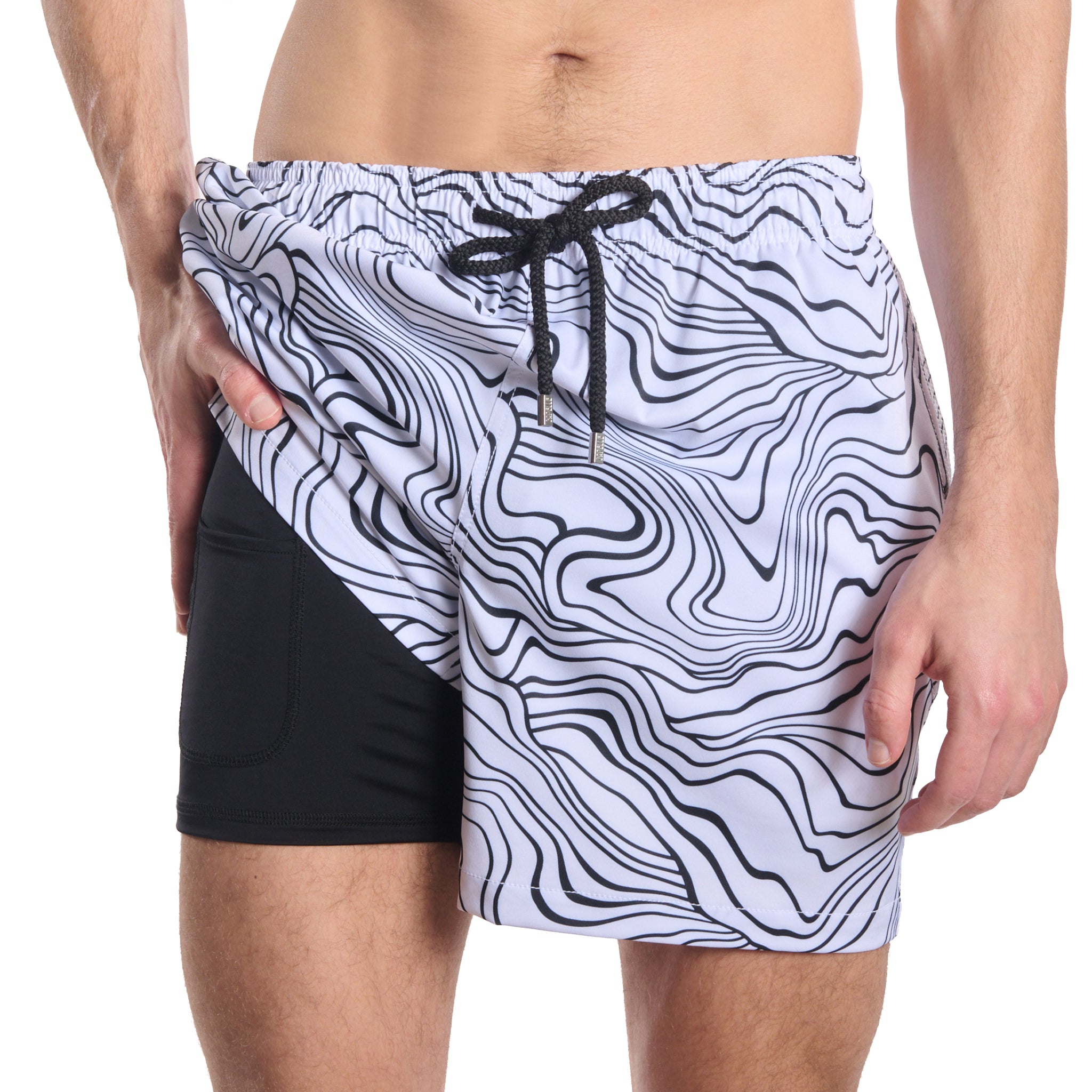 Sand Waves, Surf and Storm men's hybrid swim short, black and white wave line print, front view showing the compression liner