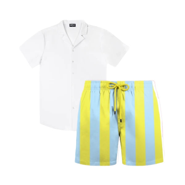 Cabana Ice resort set, Arctic White shirt shown with Coastal Cabana Sun and Sky hybrid swim shorts in a yellow and pale blue stripe