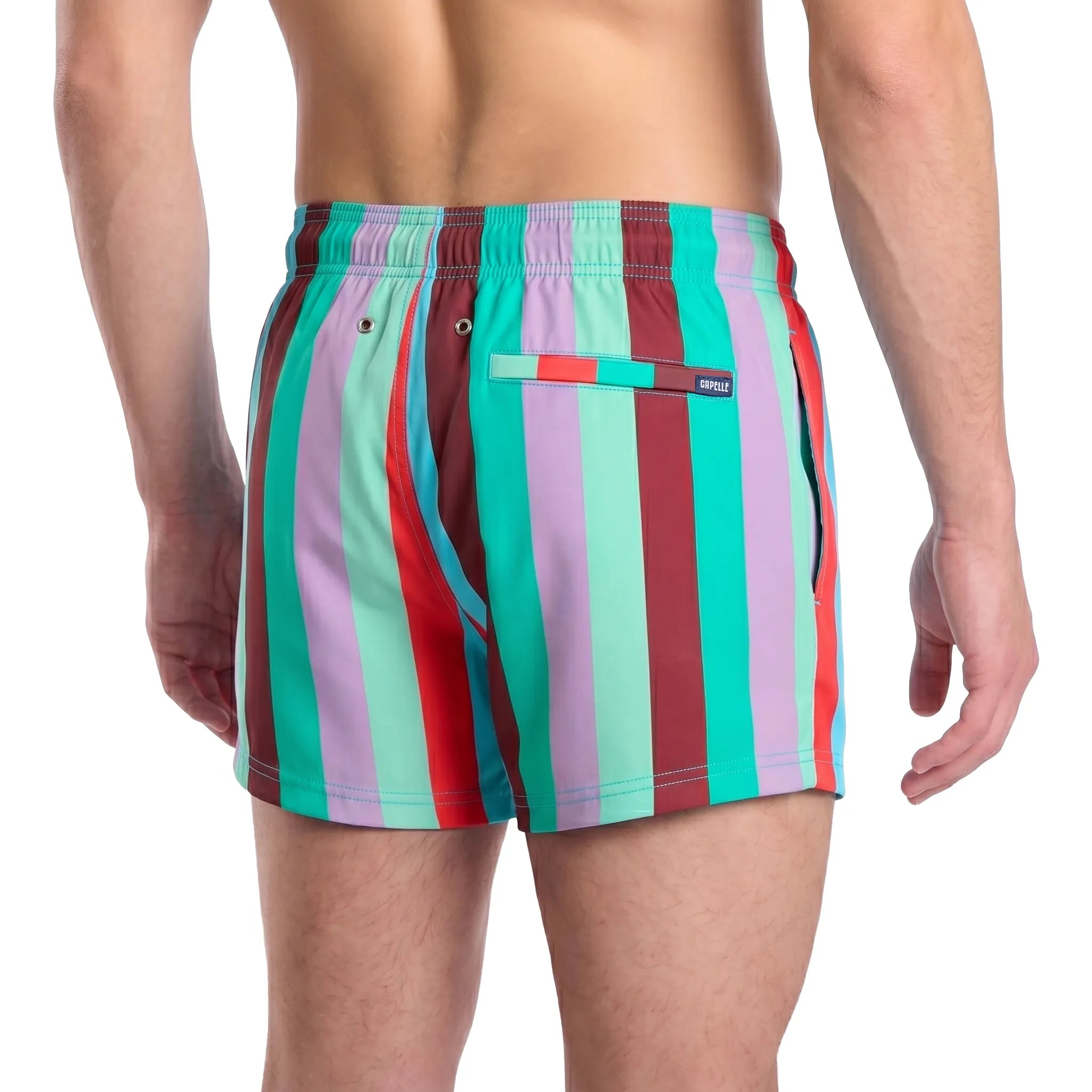 Coastal Cabana, Zest men's hybrid swim short in the 3 inch Short, multicolor cabana stripe, back view