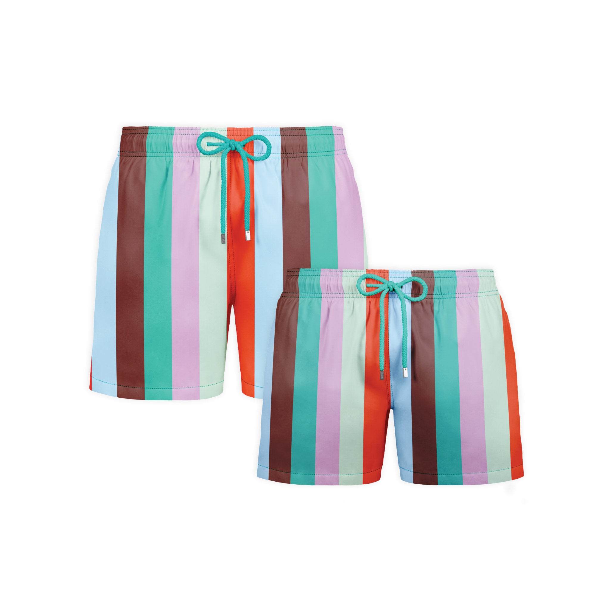 Coastal Cabana, Zest dad and son matching set, men's and boys hybrid swim shorts in the same multicolor cabana stripe