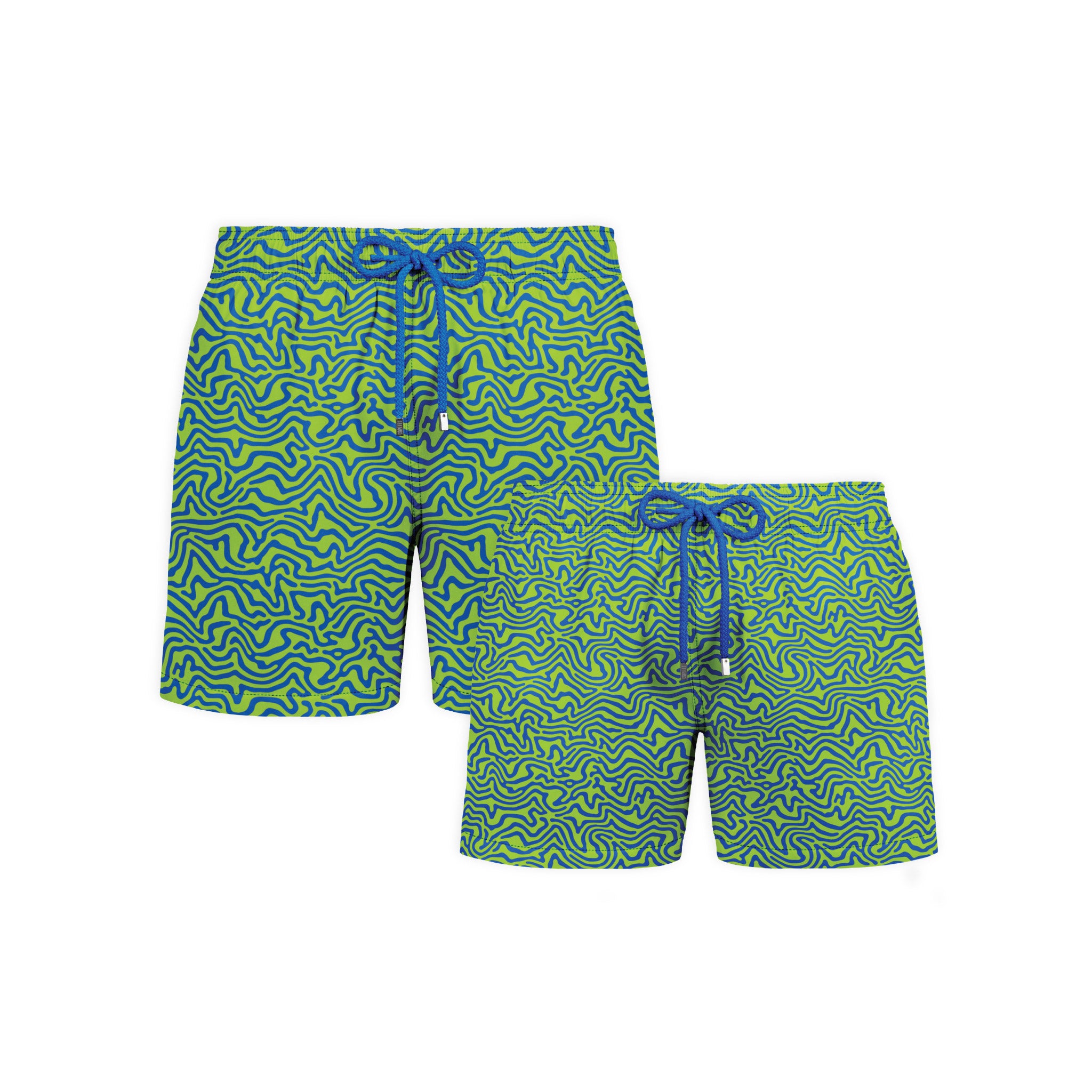 Deco Maze, Key Lime dad and son matching set, men's and boys hybrid swim shorts in the same print