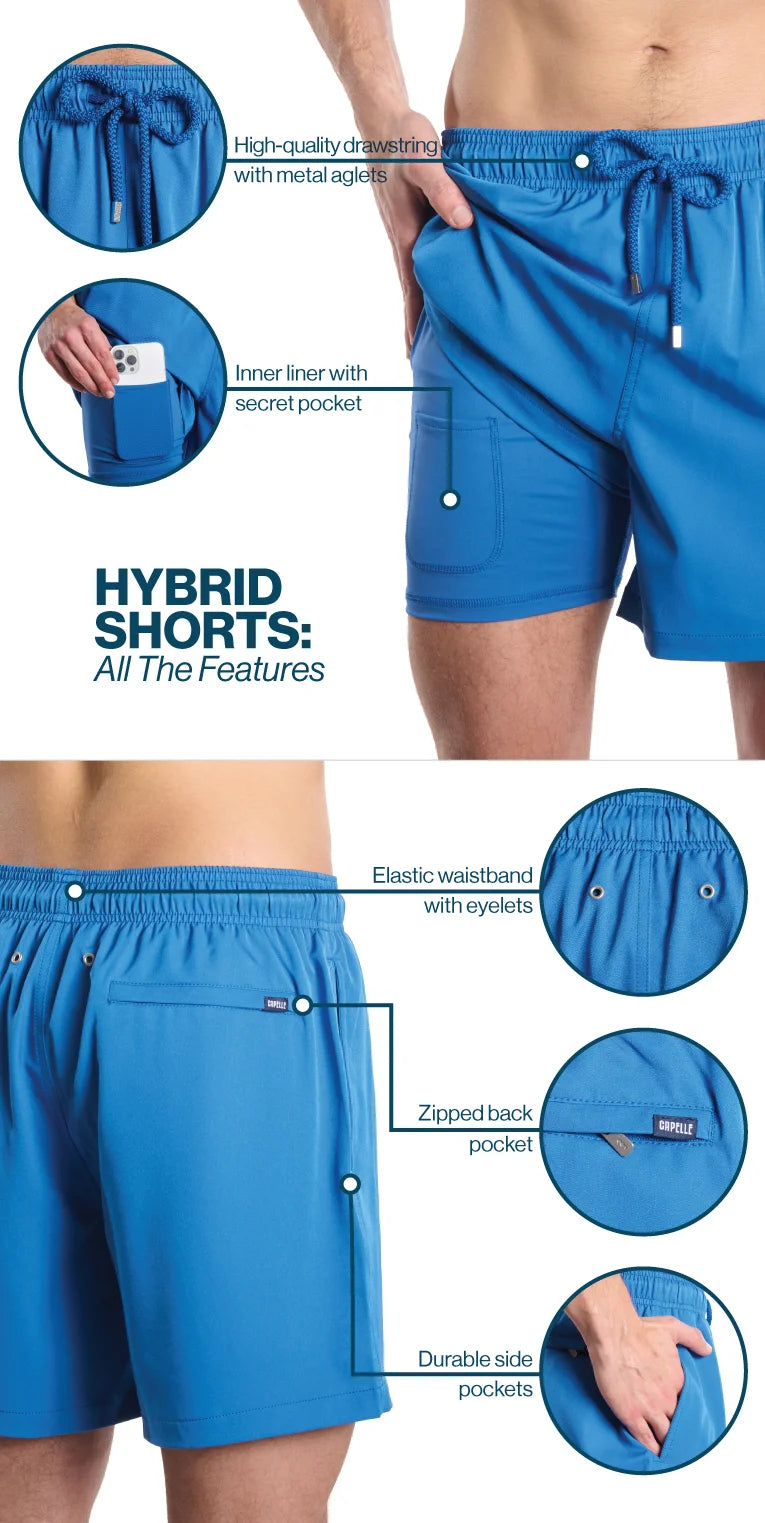 Blue hybrid shorts with features highlighted on a person wearing them.
