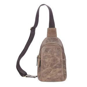 Brown suede crossbody bag with a strap on a white background