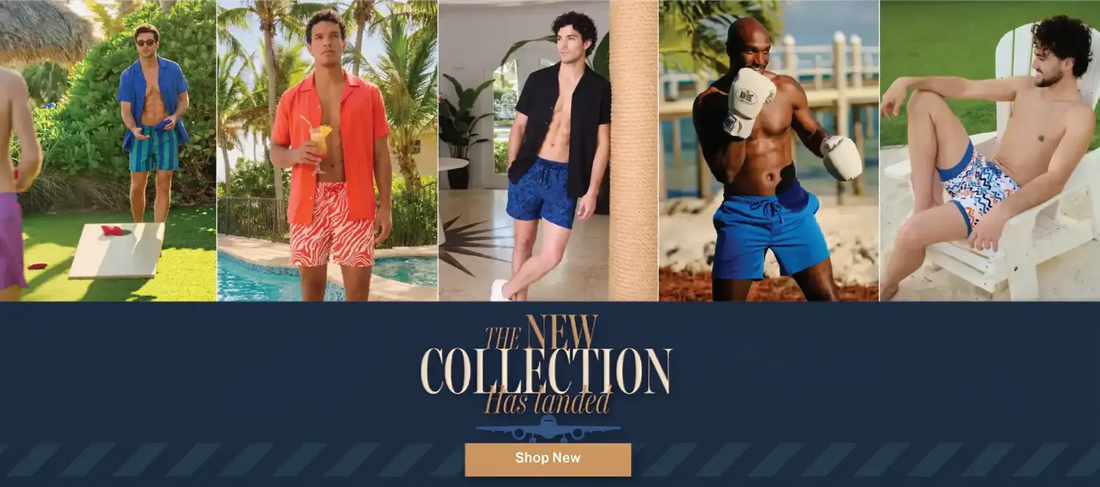 Promotional banner for men's swimwear with models in various outfits by a pool, playing corn hole, working out and relaxing.