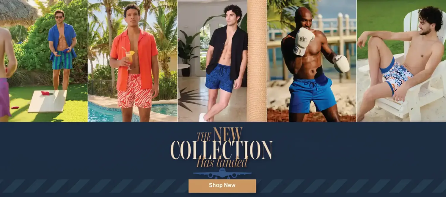 Promotional banner for men's swimwear with models in various outfits by a pool, playing corn hole, working out and relaxing.