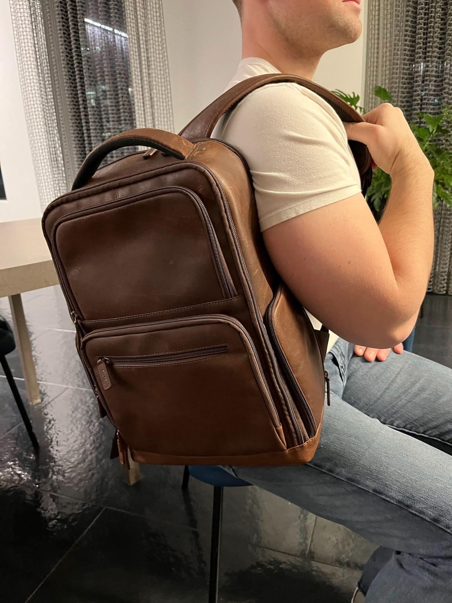 Miami Leathers Cambridge full grain leather 16 inch laptop backpack, brown, image 12 of 13
