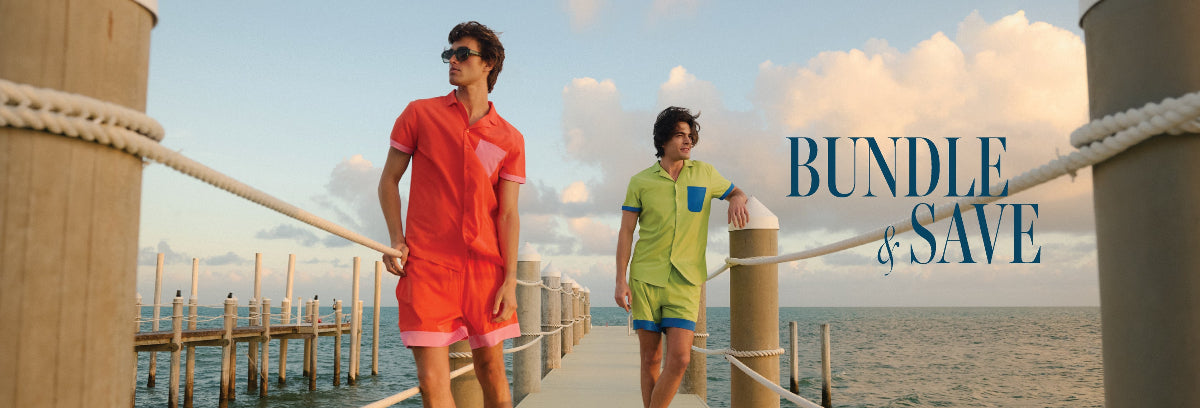 Two men standing on a dock by the ocean with 'Bundle & Save' text overlay.