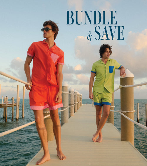 Two people in colorful outfits standing on a dock with 'Bundle & Save' text.