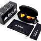 BOLD Thunderhead square sunglasses in red and black with the BOLD box, zip case and cleaning pouch