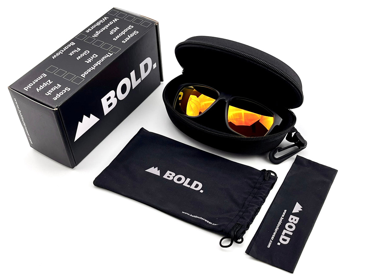BOLD Thunderhead square sunglasses in red and black with the BOLD box, zip case and cleaning pouch