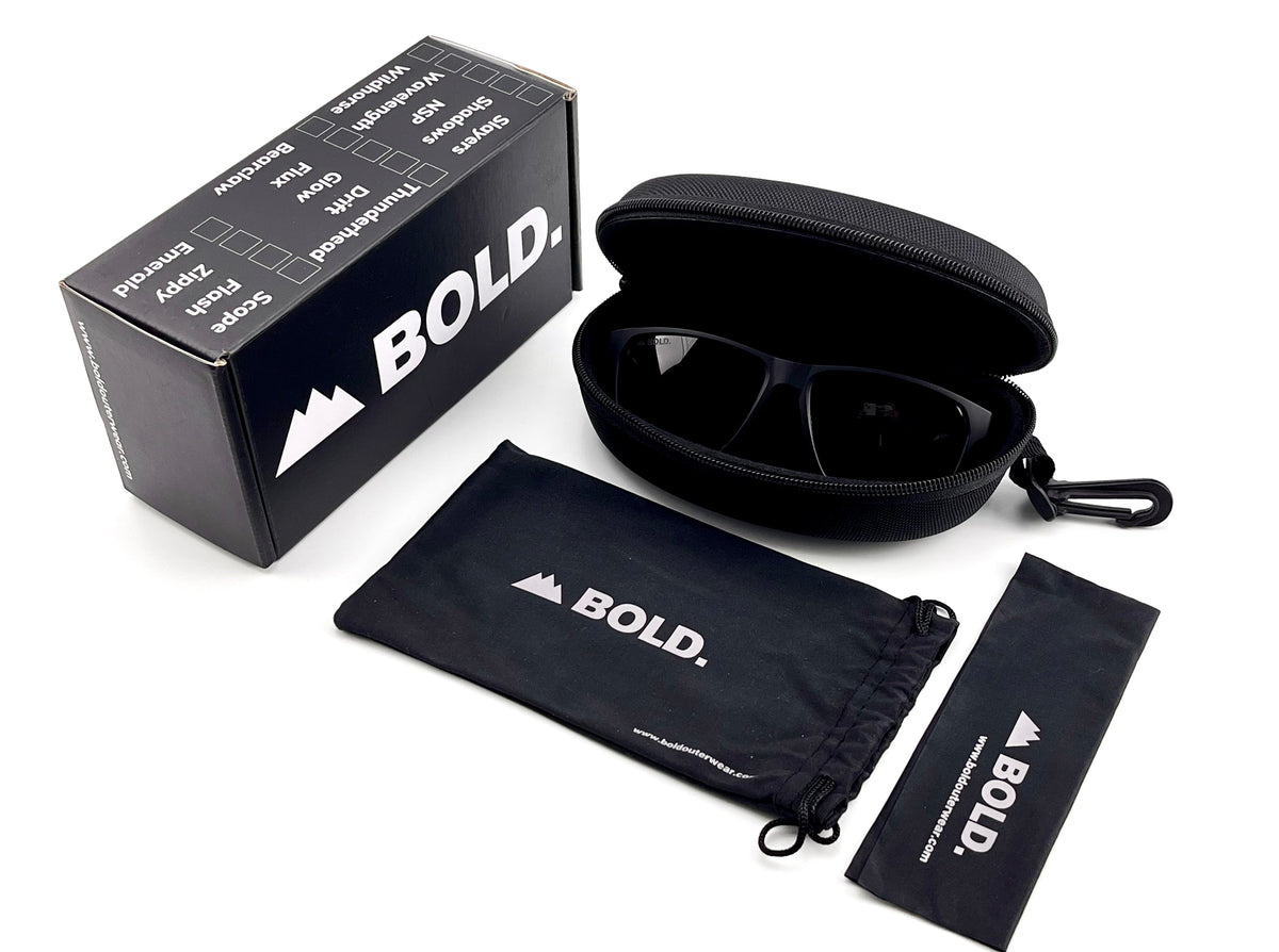 BOLD Thunderhead square sunglasses in brown with the BOLD box, zip case and cleaning pouch