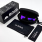 BOLD Thunderhead square sunglasses in purple with the BOLD box, zip case and cleaning pouch