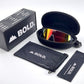 BOLD Shadows wrap sunglasses in red and black with the BOLD box, zip case and cleaning pouch