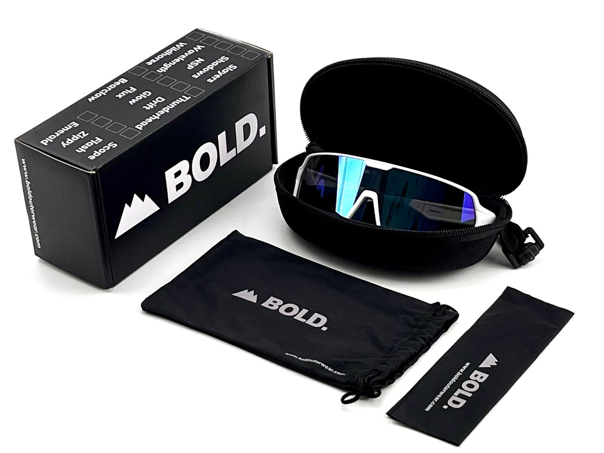 BOLD Shadows wrap sunglasses in white with the BOLD box, zip case and cleaning pouch