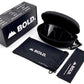 BOLD NSP low-profile sunglasses in black with the BOLD box, zip case and cleaning pouch