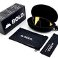 BOLD NSP low-profile sunglasses in gold with the BOLD box, zip case and cleaning pouch