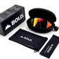 BOLD NSP low-profile sunglasses in red and black with the BOLD box, zip case and cleaning pouch