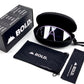 BOLD NSP low-profile sunglasses in purple with the BOLD box, zip case and cleaning pouch