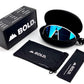 BOLD NSP low-profile sunglasses in blue with the BOLD box, zip case and cleaning pouch